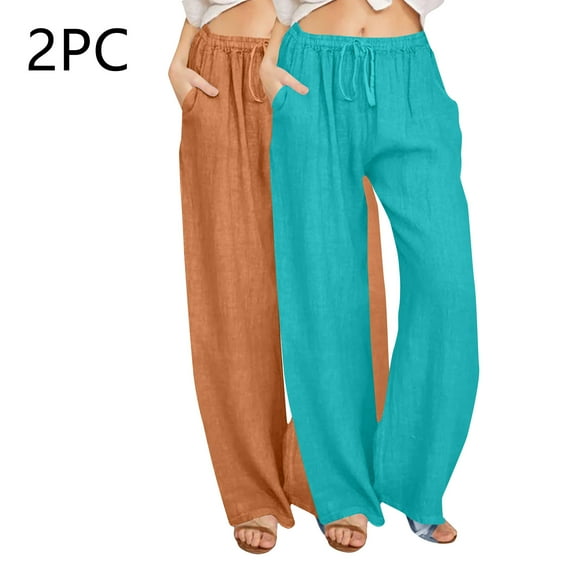 Jjayotai Women's Wide Leg Pant, 2 Pack Summer Fall Drawstring Waist Trousers, Loose Cotton Linen Palazzo Pants Blue M