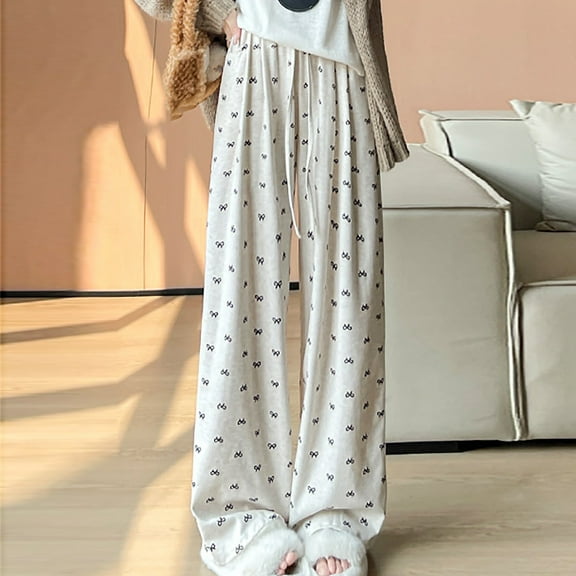 Jjayotai Women's Wide Leg Pants, Comfy Casual Bow Knot Print High Waisted Drawstring Long Pant, Pajama Palazzo Lounge Trousers White M