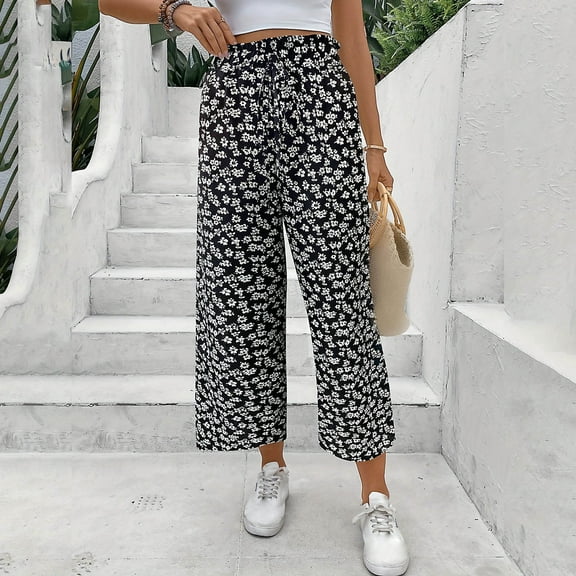 Jjayotai Women's Wide Leg Pants, Plus Size Boho Ditsy Floral Print High Elastic Waist Palazzo Trousers Black XL