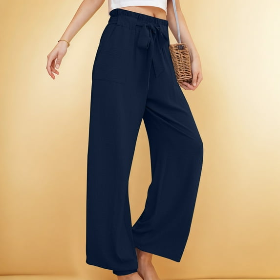 Jjayotai Women's Wide Leg Pants with Pockets, High Waist Adjustable Knot Loose Casual Trousers, Business Work Casual Pants Blue S