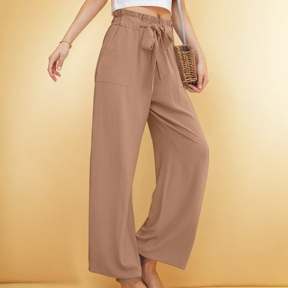 Jjayotai Women's Wide Leg Pants with Pockets, High Waist Adjustable Knot Loose Casual Trousers, Business Work Casual Pants Khaki XXL