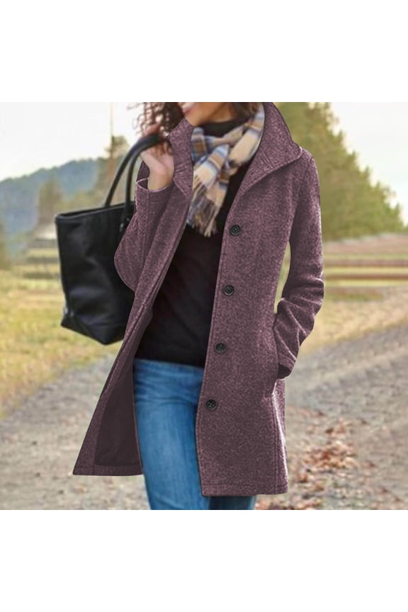 Women's Winter Wool Blend Pea Coat Clearance, Stand Collar Single Breasted Trench Coat, Thicken Fall Winter Overcoat Purple L