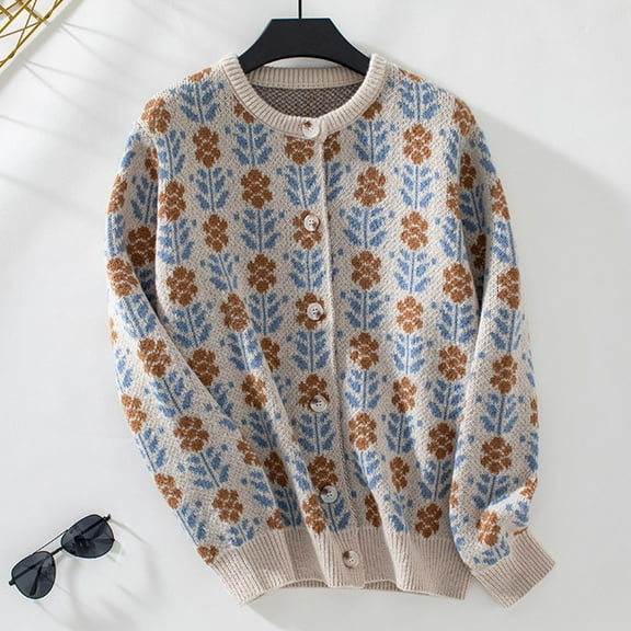 Jjayotai Women’s Y2K Floral Print Cardigan, Long Sleeve Crew Neck Button Up Knit Sweater Cardigans Beige L