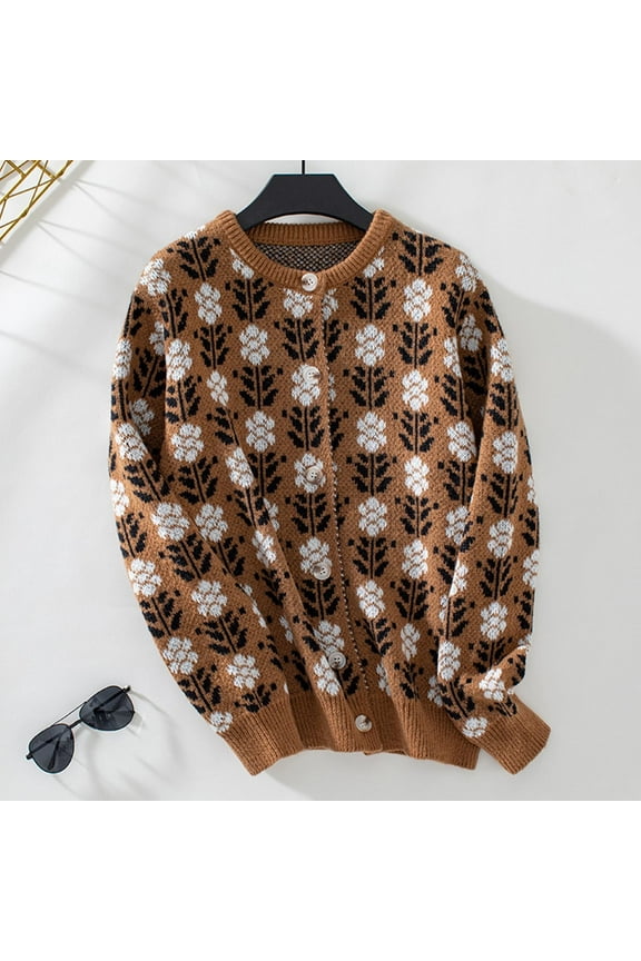 Women’s Y2K Floral Print Cardigan, Long Sleeve Crew Neck Button Up Knit Sweater Cardigans Coffee M