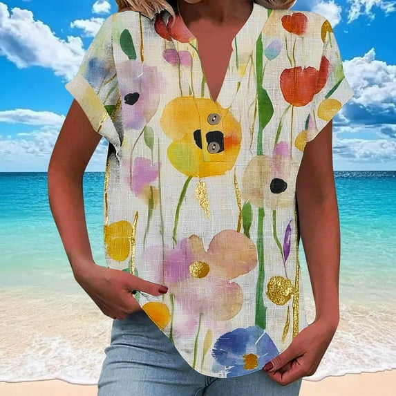 Jjayotai Womens Button Down Blouse, Rolled Cuffed Short Sleeve Shirts, Casual Work Blouse, Summer Hawaiian Outfits, Golf Tops for Women Plus Size, Floral V Neck Shirt Beige^ XXL