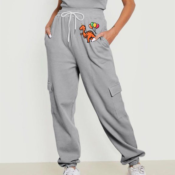 Jjayotai Womens Drawstring Pants, Cute Dinosaur Graphic Sweatpants Running Workout Joggers Fashion Casual Pants with Pockets Gray L