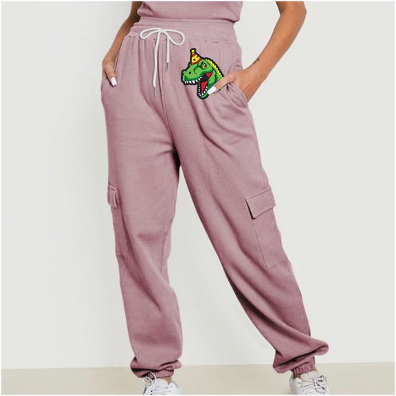 Jjayotai Womens Drawstring Pants, Cute Dinosaur Graphic Sweatpants Running Workout Joggers Fashion Casual Pants with Pockets Pink XL