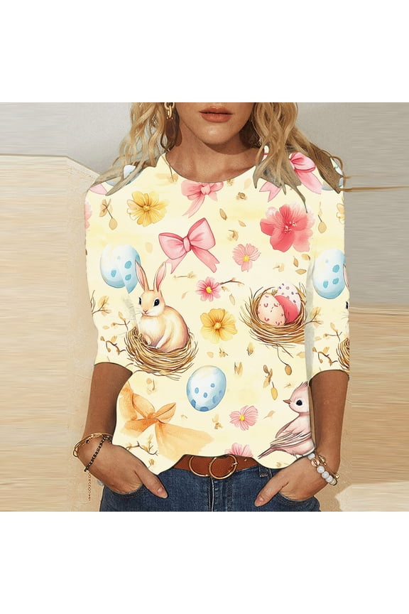 Womens Easter Tops, Womens Happy Easter Blouse, Summer 3/4 Sleeve Crew Neck Shirts for Women, Women's Easter Outfits Multicolor XL