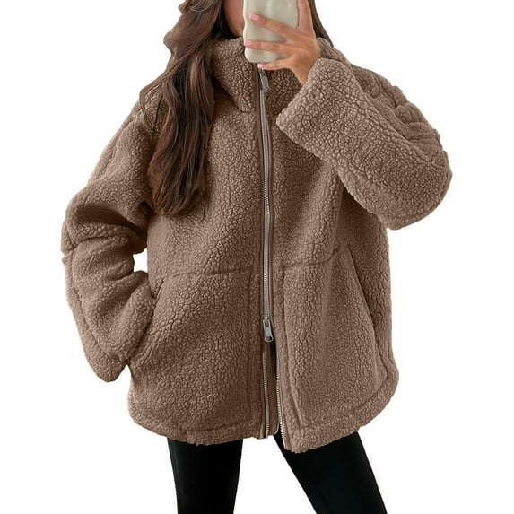 Jjayotai Womens Fleece Jackets Clearance, Solid Zip Up Coats, Long Sleeve Fuzzy Hooded Jacket Outerwear with Pockets Coffee XL