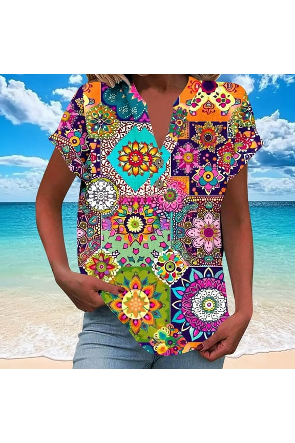 Womens Golf Shirt, Performance Moisture Wicking Quick-Dry Golf Polo Shirts for Women, Plus Size Tops for Women, Boho Top, V Neck Short Sleeve Blouse Multicolor^ XXL