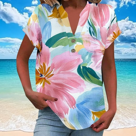 Jjayotai Womens Golf Shirt, Short Sleeve Polo Shirts, Quick Dry Tennis Tops, V-Neck Pickleball Shirts Golf Outfits, Button Up Summer Blouse, Boho Clothes Pink^ XXXXL