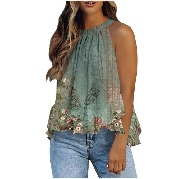 Jjayotai Womens Halter Camisole Tank Tops, Vacation Tie Back Sleeveless Tops, Flowy Pleated Y2k Tshirts, Floral Print Blouses, Flowy Top for Women Army Green^ M