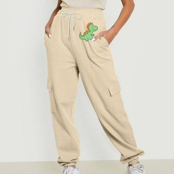 Jjayotai Womens Joggers Pants, Waffle Knit Cargo, Casual Sweatpants with Pocket, Elastic Waist Lounge Pants for Workout Running Beige L