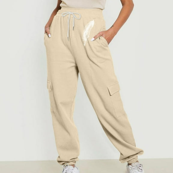 Jjayotai Womens Joggers Pants, Waffle Knit Cargo, Casual Sweatpants with Pocket, Elastic Waist Lounge Pants for Workout Running Beige L