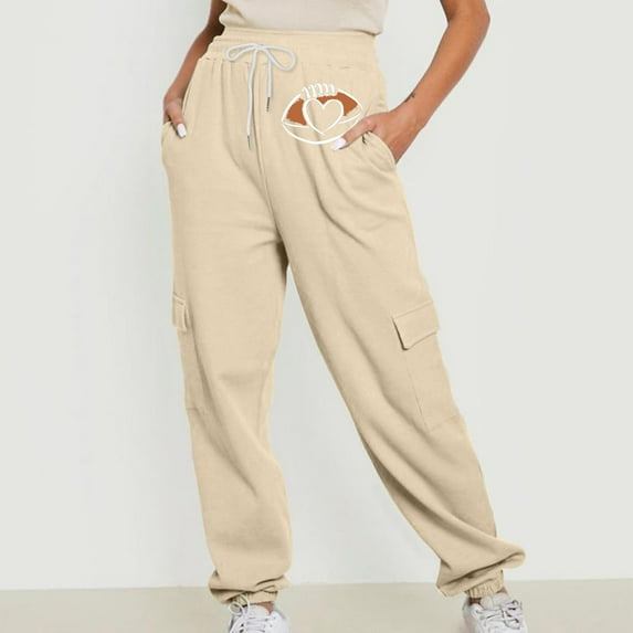 Jjayotai Womens Joggers Pants, Waffle Knit Cargo, Casual Sweatpants with Pocket, Elastic Waist Lounge Pants for Workout Running Beige M