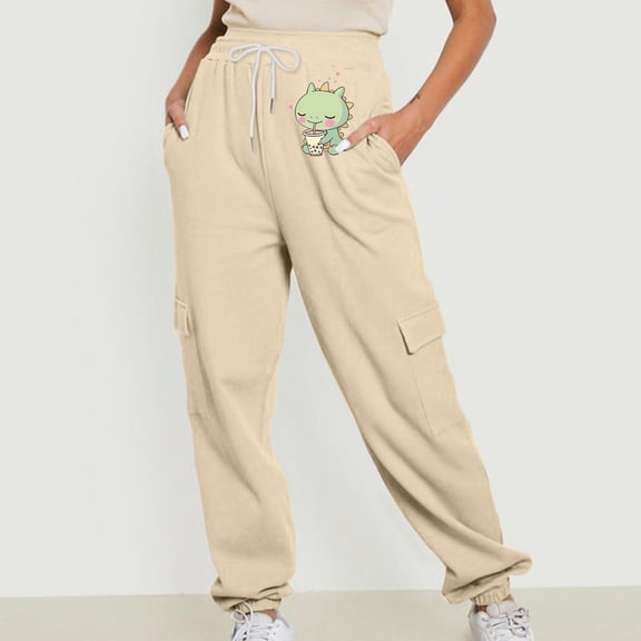 Jjayotai Womens Joggers Pants, Waffle Knit Cargo, Casual Sweatpants with Pocket, Elastic Waist Lounge Pants for Workout Running Beige S