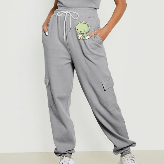 Jjayotai Womens Joggers Pants, Waffle Knit Cargo, Casual Sweatpants with Pocket, Elastic Waist Lounge Pants for Workout Running Gray M