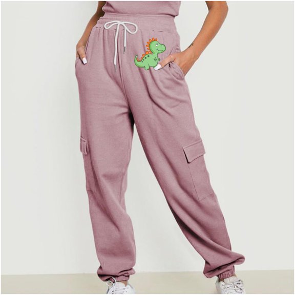 Jjayotai Womens Joggers Pants, Waffle Knit Cargo, Casual Sweatpants with Pocket, Elastic Waist Lounge Pants for Workout Running Pink L