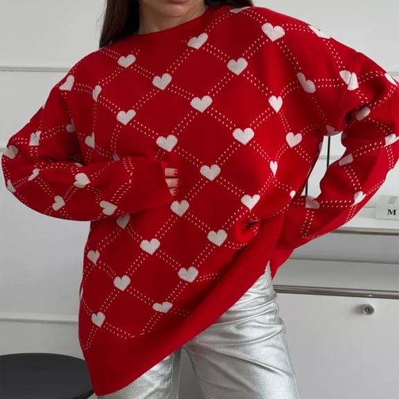 Jjayotai Womens Knit Valentines Sweaters, Long Sleeve Crewneck Casual Graphic Heart Printed Pullover Tops, Fall Fuzzy Jumper Knitwear Red-1 L