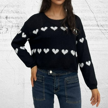 Jjayotai Womens Knitted Sweater, Spring Fall Heart-Shaped Pattern Crew Neck Pullover, Casual Knit Long Sleeved Solid Tops Black L