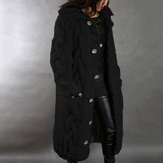 Jjayotai Womens Long Cardigan, Open Front Duster Sweater, Long Sleeve Chunky Cable Knit Plus Size Hooded Coatigan for Women Black L