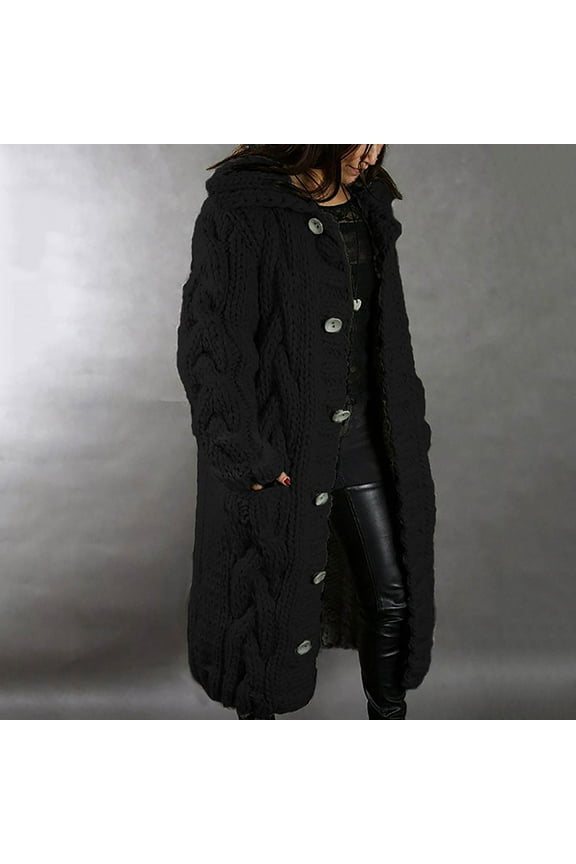 Womens Long Cardigan, Open Front Duster Sweater, Long Sleeve Chunky Cable Knit Plus Size Hooded Coatigan for Women Black XL