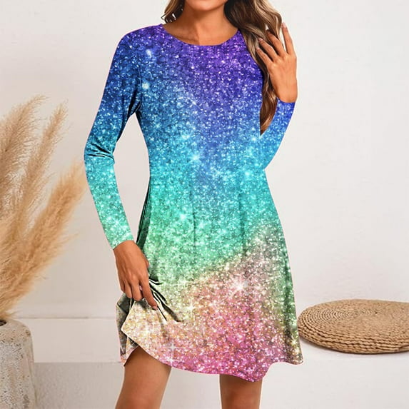 Jjayotai Womens Long Sleeve Dress, Glitter Plus Size Swing Dress, Casual Loose Tshirt Dresses Multicolor-1 XXL