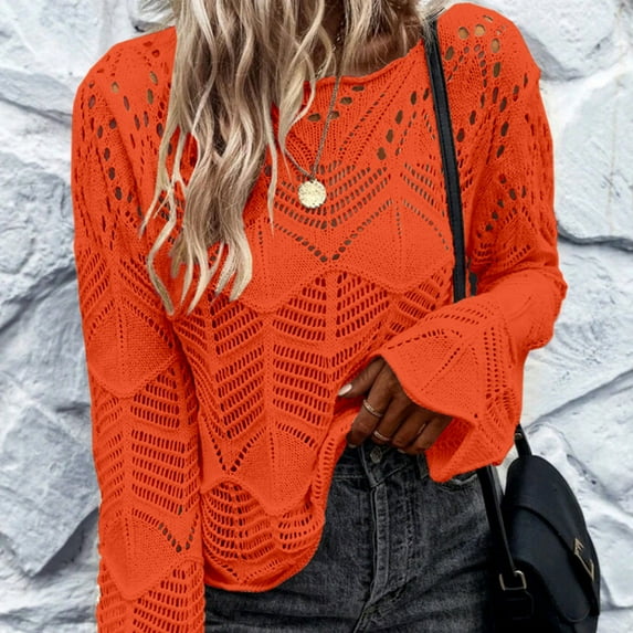 Jjayotai Womens Long Sleeve Hollow Out Crochet Crewneck Pointelle Knitted Sweaters Pullovers Orange L