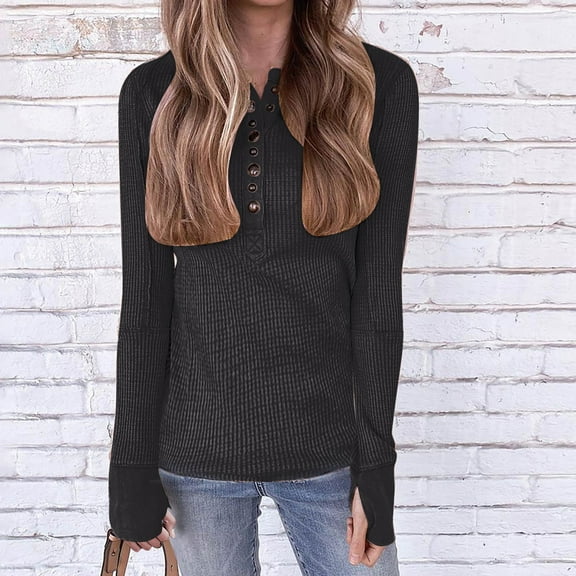 Jjayotai Womens Long Sleeves Ribbed Knit Tunic Shirts, Scoop Neck Button Down Tops, Casual Henley Tee Shirt Slim Fit Blouses Black M