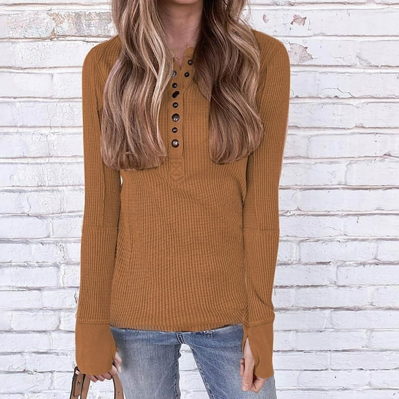 Jjayotai Womens Long Sleeves Ribbed Knit Tunic Shirts, Scoop Neck Button Down Tops, Casual Henley Tee Shirt Slim Fit Blouses Khaki S