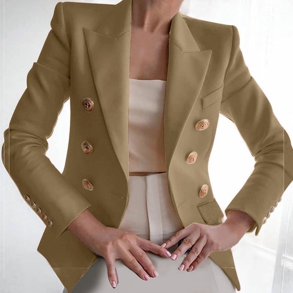 Jjayotai Womens Notched Lapel Blazer, Button Work Office Jacket, Long Sleeve Solid Blazers, Business Fall Dusters Casual Outfits Khaki L