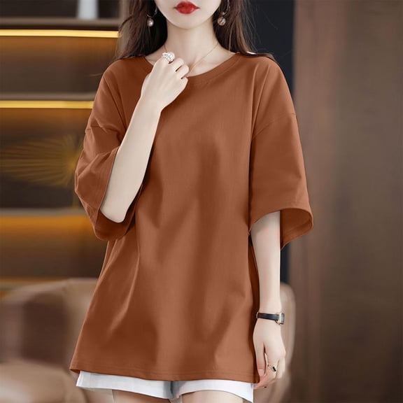 Jjayotai Womens Oversized T Shirts, Cotton Loose Fit Short Sleeve Tee, Crewneck Workout Summer Tops, Fashion Clothes 2025, Blouses for Women Dressy Casual Brown^ S