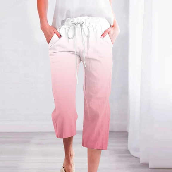 Jjayotai Womens Pants, Capris Pants for Women Women's Cotton Linen Capris Pants, Gradient Printed Loose Fashion Drawstring Pants, Women's Pants Clearance Pink^ XXL