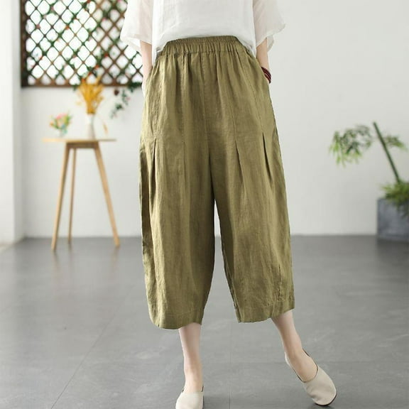 Jjayotai Womens Pants, Women's Pants Ladies Fashion Pants, Solid Color Loose Elastic Waist Lantern Pants, Cotton Haren, Women's Capris Pants Capris Pants for Women Coffee^ L