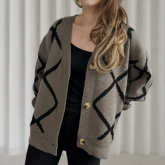 Jjayotai Womens Plaid Open Front, V Neck Button Down Long Sleeve Cable Knit Oversized Cardigan Sweaters Tops Khaki M