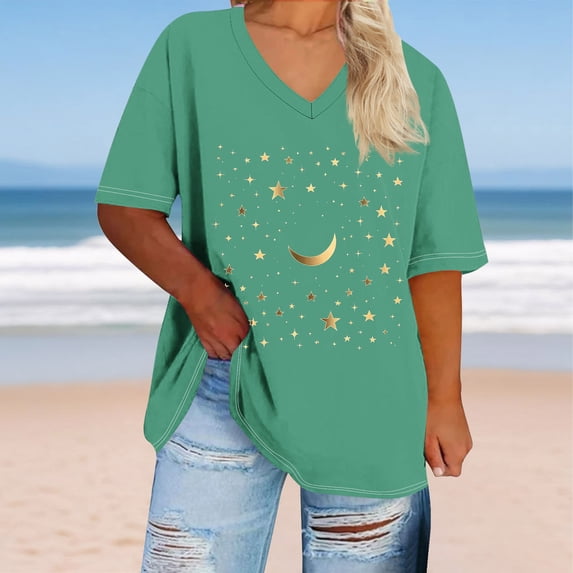Jjayotai Womens Plus Size Daisy Graphic T-Shirt, Stars Moon Cute Short Sleeve Shirts, Casual Loose Tees Tops for Women, Women Blouses Green^1 L