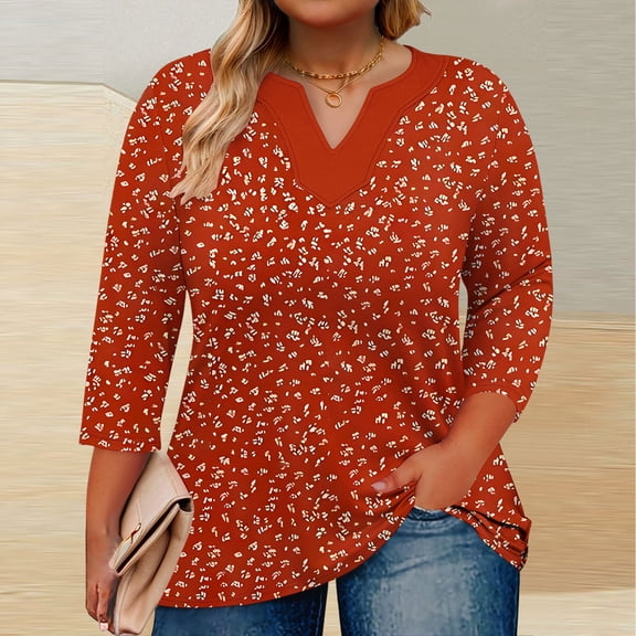 Jjayotai Womens Plus Size Shirts, 3/4 Sleeve V Neck Trendy Clothes, Floral Tees, Loose Tunics, Casual Blouses, Boho Womens Clothing Red^1XXXXXL
