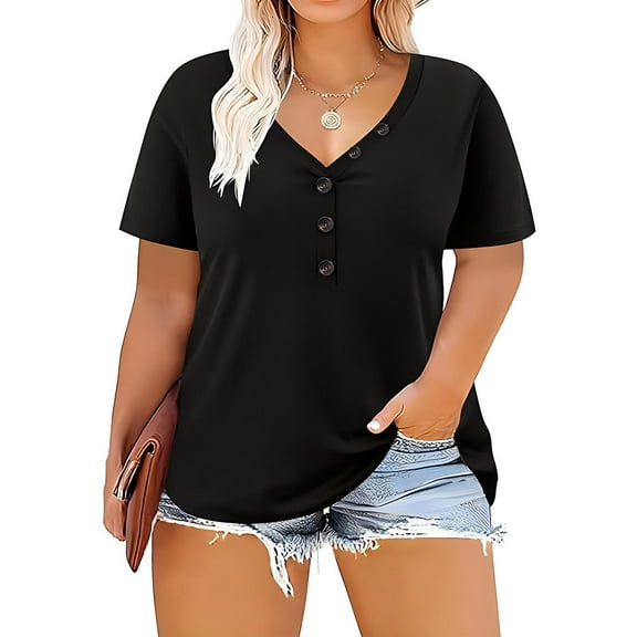 Jjayotai Womens Plus Size Short Sleeve Tops, Casual V Neck Button Tee Shirts, Basic Loose Fit Tunic Blouse, Blouses for Women Dressy Casual Black^1 XXXXL