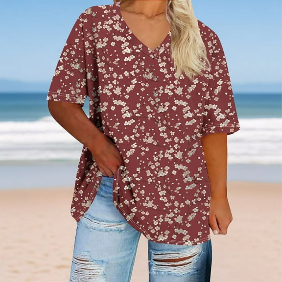 Jjayotai Womens Plus Size Tops, Boho Floral Short Sleeve V Neck T-Shirt, Casual Summer Wildflower Graphic Tees, Tshirts Shirts for Women Wine^2 XL