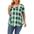 thumbnail image 1 of Jjayotai Womens Plus Size Tops, Crew Neck Plaid Shirts, Summer Short Sleeve Work Casual Swing Blouses, Loose Tunic Top, Oversized Tshirts for Women Green^ XL, 1 of 4