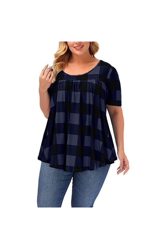 Womens Plus Size Tops, Crew Neck Plaid Shirts, Summer Short Sleeve Work Casual Swing Blouses, Loose Tunic Top, Oversized Tshirts for Women Navy^ XL