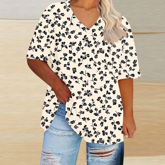 Jjayotai Womens Plus Size Tops, V Neck Casual Work Tunic, Short Sleeve Shirts, Floral Blouses Loose Summer Tops, Oversized Tshirts Beige^ XXL