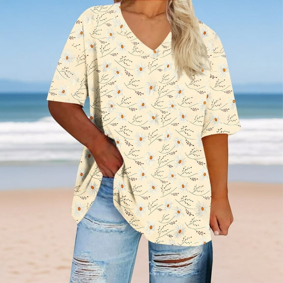Jjayotai Womens Plus Size Tunic Tops, Floral Printed Shirts Casual Dressy, Oversized Tshirts for Women, Half Sleeve Loose Fit T Shirt Cotton Blouses 2025 Beige^1 XL