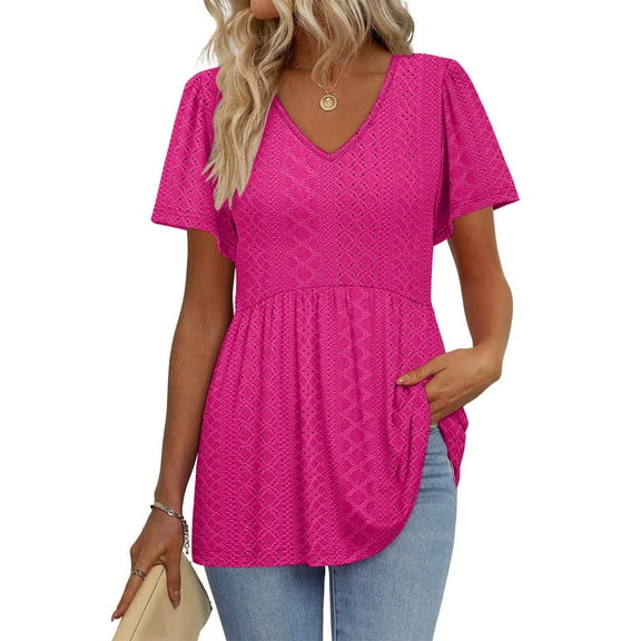 Jjayotai Womens Plus-Size Tunics, Short Sleeve Tops, V Neck Eyelet Shirts, Summer Outfits for Women, Women's Going Out Blouses Hot Pink^ L