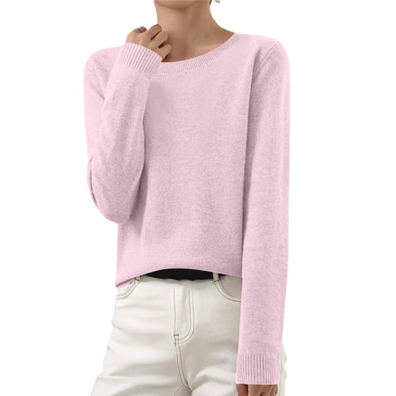 Jjayotai Womens Pullover Sweater, Fashion Long Sleeve Knitted Lightweight Thermal Tops, Soft Warm Crochet Work Sweater Clothes Pink S
