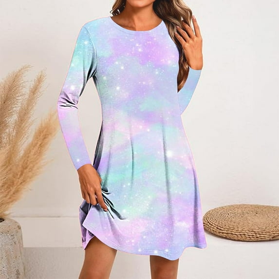 Jjayotai Womens Round Neck Long Sleeves A-line Casual Tshirt Dress, Tie Dye Swing Dresses Plus Size Multicolor-12 XL