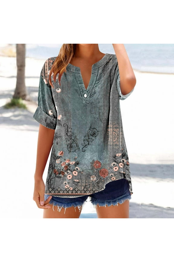 Womens Short Sleeve Summer Tops, Casual V Neck Button Down Shirts, Loose Fitted Boho Graphic Tees Fashion, Blouses for Women Dressy Casual Blue^ XXL