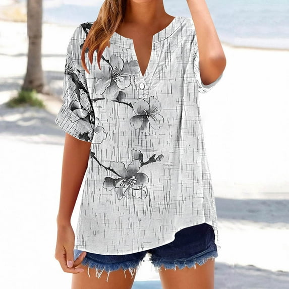 Jjayotai Womens Short Sleeve Summer Tops, Casual V Neck Button Down Shirts, Loose Fitted Boho Graphic Tees Fashion, Blouses for Women Dressy Casual Multicolor^1 M