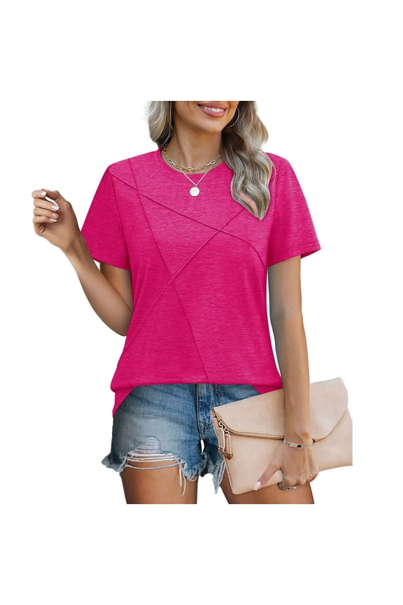 Womens Short Sleeve Tops, Pleated Crew Neck Summer Tee Shirts, Casual Loose Fit Blouse, Summer Clothes for Women Hot Pink^ XXL