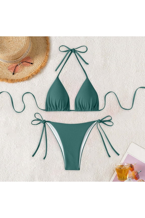 Womens String Two Piece Halter Top Triangle Bikini Set with Tie Side Bottom, Sexy Swimsuit Bathing Suits Army Green M